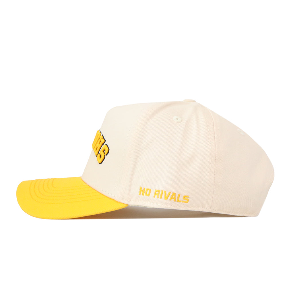 Wichita State | Upside Down Shockers Hat - Classic Colors off-white snapback with a yellow brim and an embroidered yellow and black logo on the side.