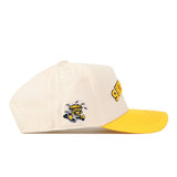 Cream-colored No Rivals Wichita State | Upside Down Shockers Hat - Classic Colors baseball cap with a yellow brim, featuring an embroidered wheat-themed mascot on the side and upside-down yellow text on the front panel.