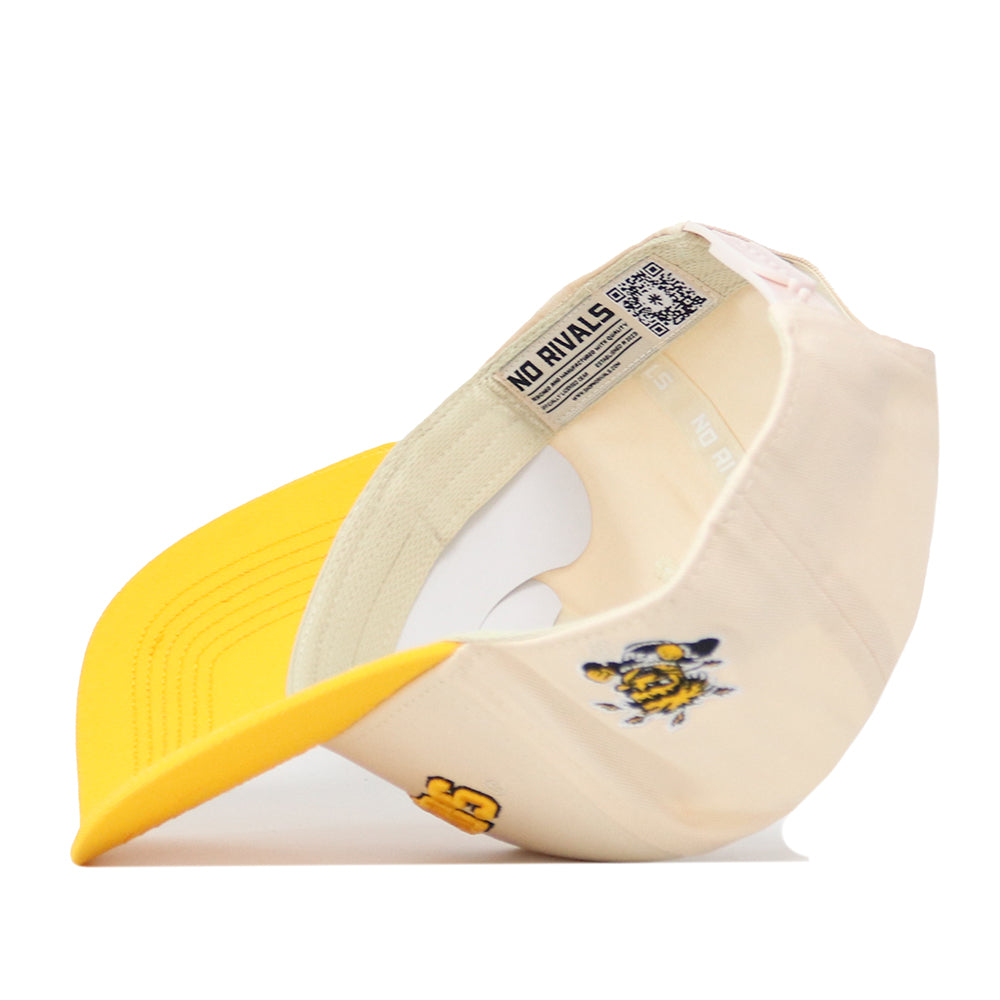 Wichita State | Upside Down Shockers Hat - Classic Colors in yellow and cream, featuring an embroidered bee logo and an interior brand label with a QR code.
