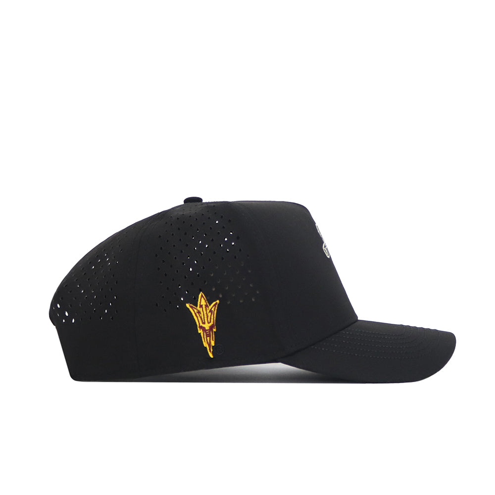 The No Rivals Arizona State Golf Hat in black features side ventilation holes, a gold and maroon trident logo on the left, a structured fit, and is officially licensed. Shown in left side profile against a white background.