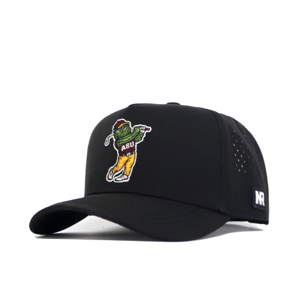 The No Rivals Arizona State Golf Hat - Black features an embroidered mascot in yellow pants and a green top with ASU on its chest, a curved brim, structured fit, snapback closure, official licensing, and a small NR logo on the side.