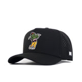 The No Rivals Arizona State Golf Hat - Black features an embroidered mascot in yellow pants and a green top with ASU on its chest, a curved brim, structured fit, snapback closure, official licensing, and a small NR logo on the side.