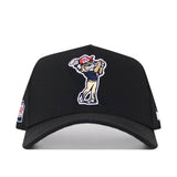 The No Rivals Arizona Golf Hat - Black features an embroidered cartoon bear swinging a golf club in a red "A" cap, small logos near the brim, and a structured fit with an adjustable snapback closure for comfort.
