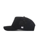 The No Rivals Arizona Golf Hat in black features a structured snapback design, side view, with small ventilation holes on the back panels and an "NR" logo patch near the adjustable strap for all-day comfort.