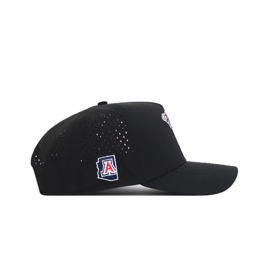 The No Rivals Arizona Golf Hat - Black is a structured-fit, curved-brim cap with small ventilation holes and a side patch of the officially licensed University of Arizona logo in the state’s shape, shown from a side profile.