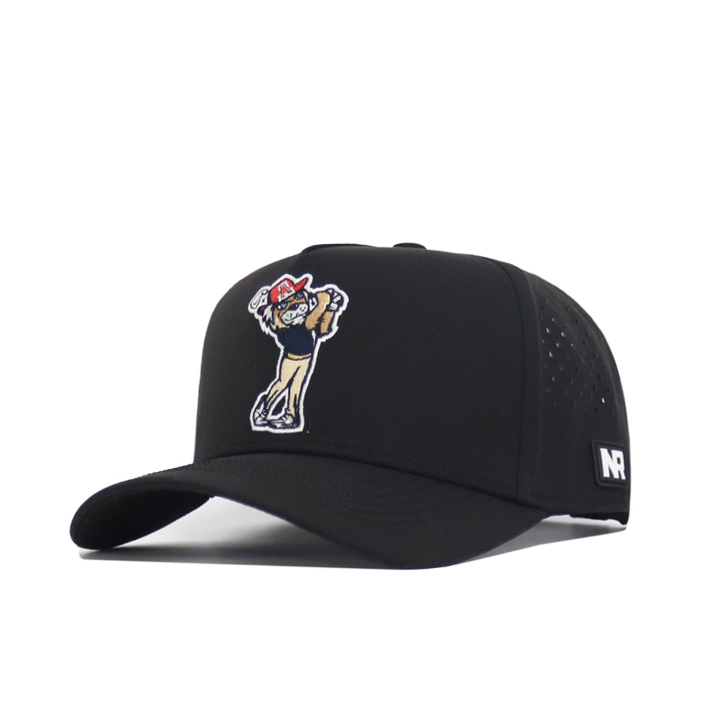 The Arizona Golf Hat - Black by No Rivals is a structured black cap with an embroidered cartoon golfer swinging a club on the front and a small white NR logo on the side.