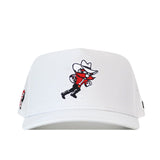 Introducing the Texas Tech Red Raiders Football Mascot Hat - White by No Rivals: a white performance fabric cap featuring an embroidered cartoon mascot sporting a cowboy hat, mask, red shirt, and holding a football. Finished with an adjustable snap back for the perfect fit and comfort.