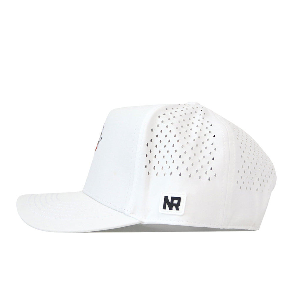 Introducing the Texas Tech Red Raiders Football Mascot Hat in white by No Rivals—a snapback hat crafted from performance fabric, featuring a flat brim, a breathable perforated back panel, and a small embroidered NR logo patch on the side.