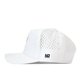 Introducing the Texas Tech Red Raiders Football Mascot Hat in white by No Rivals—a snapback hat crafted from performance fabric, featuring a flat brim, a breathable perforated back panel, and a small embroidered NR logo patch on the side.