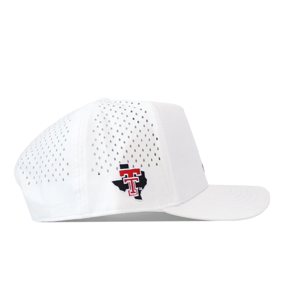 Introducing the Texas Tech Red Raiders Football Mascot Hat - White by No Rivals. This white snapback features perforated sides for enhanced breathability, and showcases an embroidered red and black Texas Tech University logo over a Texas state outline on the side. Crafted from performance fabric, this stylish cap delivers comfort and superior airflow—perfect for any occasion.