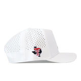 Introducing the Texas Tech Red Raiders Football Mascot Hat - White by No Rivals. This white snapback features perforated sides for enhanced breathability, and showcases an embroidered red and black Texas Tech University logo over a Texas state outline on the side. Crafted from performance fabric, this stylish cap delivers comfort and superior airflow—perfect for any occasion.