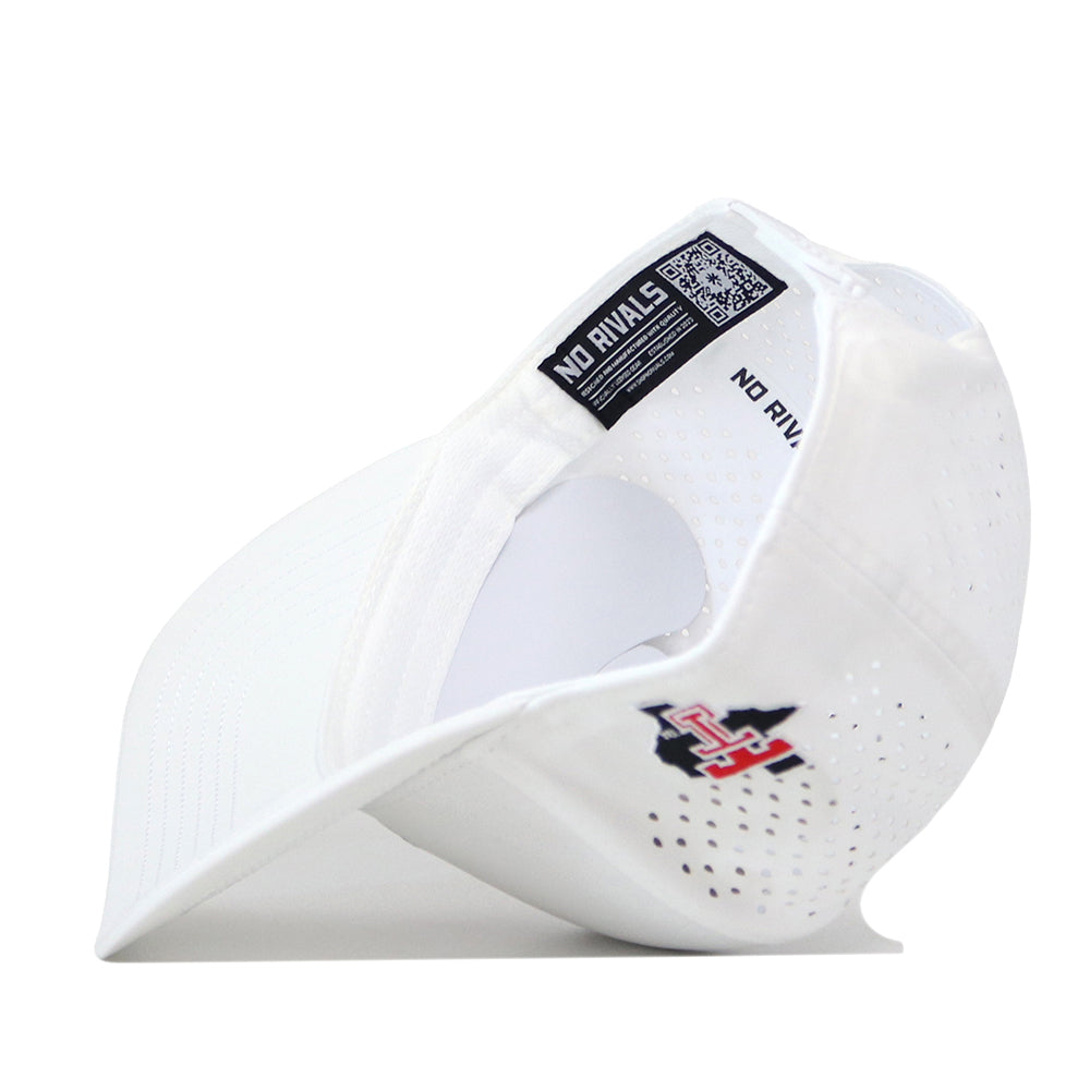 The Texas Tech Red Raiders Football Mascot Hat in white, by No Rivals, is shown turned inside out to display the internal label with the brand name. The exterior features a small red, black, and white embroidered logo and ventilation perforations.