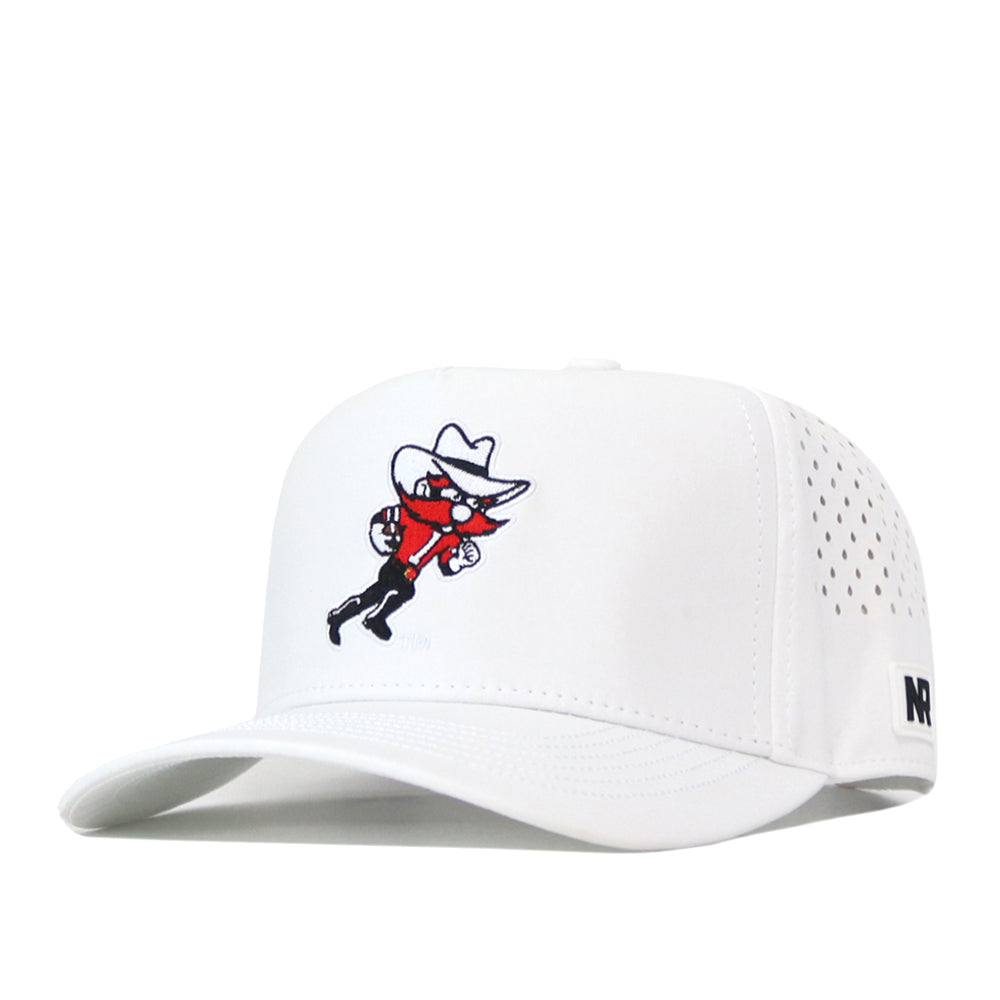 Introducing the No Rivals Texas Tech Red Raiders Football Mascot Hat in white—a snapback crafted from performance fabric with side perforations for breathability, and featuring the team’s cartoon mascot expertly embroidered on the front.
