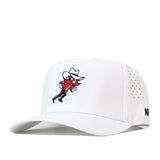 Introducing the No Rivals Texas Tech Red Raiders Football Mascot Hat in white—a snapback crafted from performance fabric with side perforations for breathability, and featuring the team’s cartoon mascot expertly embroidered on the front.