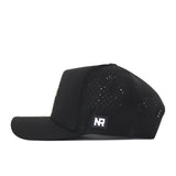 Left side view of the Missouri Tigers Football Mascot Hat in black, featuring perforated holes for ventilation and a small rectangular No Rivals embroidered logo patch near the back. Made from performance fabric, this No Rivals cap ensures comfort and durability.