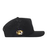 The No Rivals Missouri Tigers Football Mascot Hat in black features a flat brim and small ventilation holes, with an embroidered tiger logo patch in black, gold, and white on the side. Crafted from performance fabric, this baseball cap is shown from a side view against a white background.