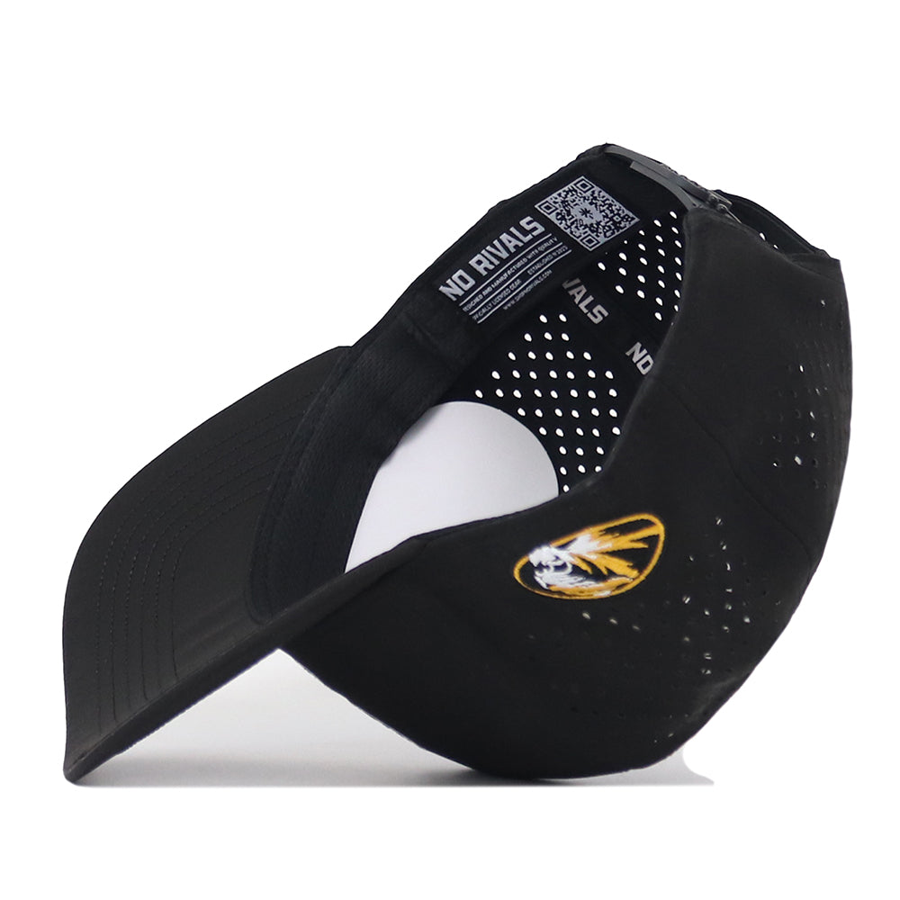 Showcasing the Missouri Tigers Football Mascot Hat in black by No Rivals, this cap features ventilation holes and a bold embroidered tiger logo on the side. The angled design highlights its performance fabric, interior NO RIVALS branding, and part of the brim.