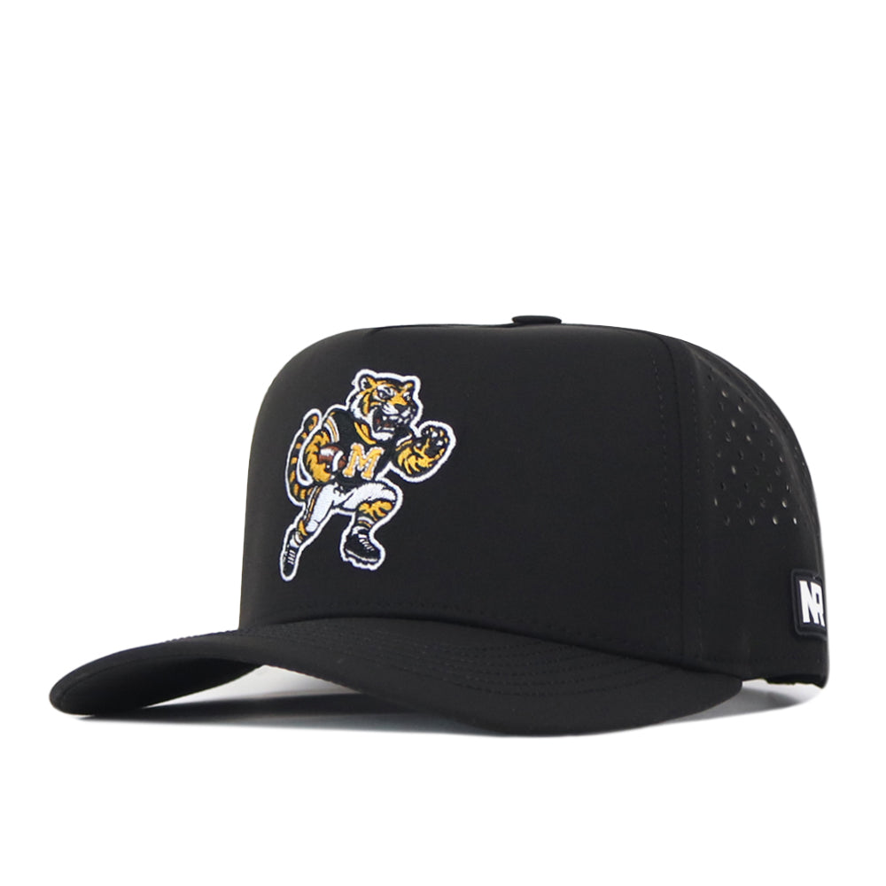Introducing the No Rivals Missouri Tigers Football Mascot Hat in black: crafted from performance fabric, this cap showcases a striking embroidered tiger mascot logo on the front and a small white logo patch on the side. An adjustable snapback closure ensures a comfortable fit for any head size.