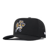 Introducing the No Rivals Missouri Tigers Football Mascot Hat in black: crafted from performance fabric, this cap showcases a striking embroidered tiger mascot logo on the front and a small white logo patch on the side. An adjustable snapback closure ensures a comfortable fit for any head size.