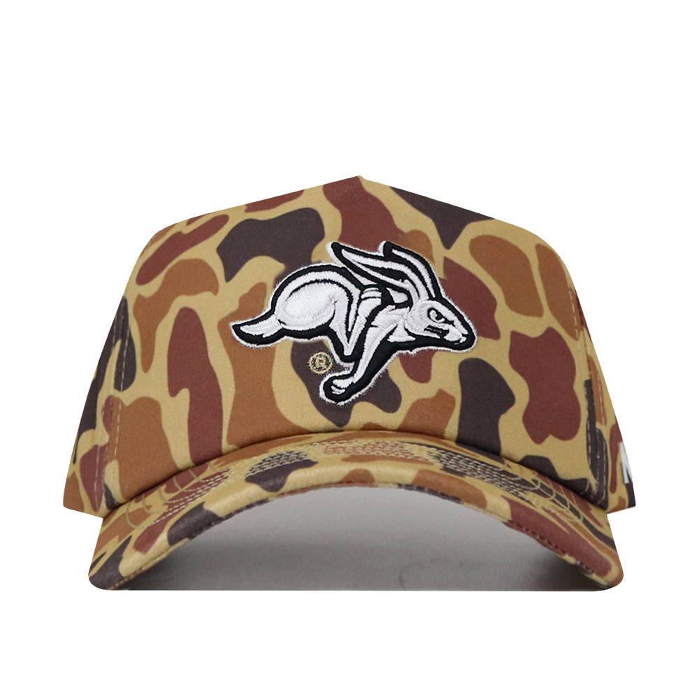 Introducing the South Dakota State Huntsman Hat by No Rivals: a high-quality cotton baseball cap in a camouflage pattern, featuring an embroidered white jackrabbit logo on the front and finished with a convenient snapback closure for a comfortable fit.