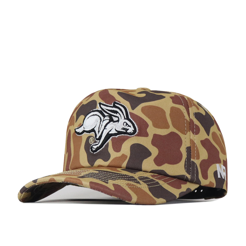 Introducing the South Dakota State Huntsman Hat by No Rivals—a camouflage-patterned baseball cap made from premium cotton. It showcases a white embroidered rabbit logo on the front and a white NR logo on the side, while its snapback closure offers a comfortable and adjustable fit.