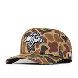 Introducing the South Dakota State Huntsman Hat by No Rivals—a camouflage-patterned baseball cap made from premium cotton. It showcases a white embroidered rabbit logo on the front and a white NR logo on the side, while its snapback closure offers a comfortable and adjustable fit.