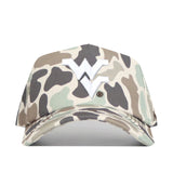 The No Rivals WVU Mountaineers Huntsman Hat is a camouflage baseball cap with a bold white WV logo embroidered on the front, made from high-quality cotton and showcasing a structured fit, displayed from the front against a white background.