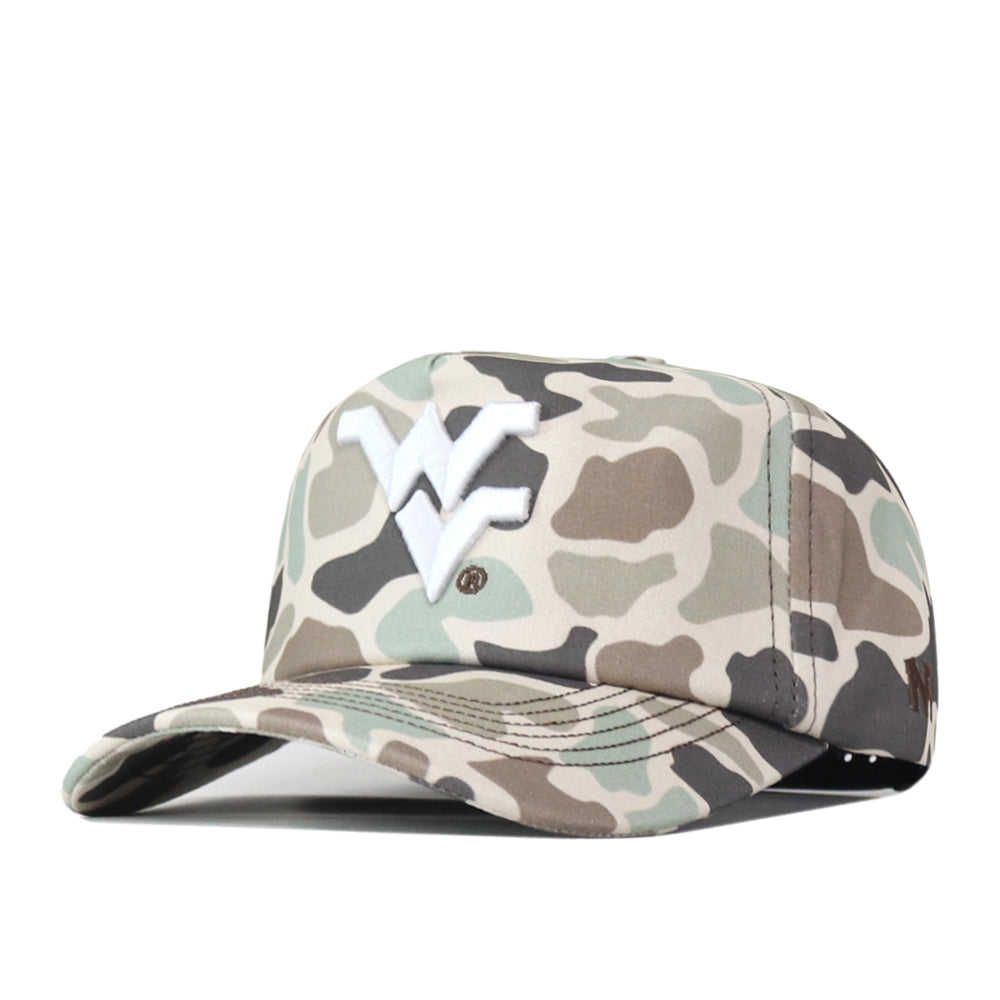 The No Rivals WVU Mountaineers Huntsman Hat is a camouflage baseball cap with a white WV logo embroidered on the front, seen from a side angle. It features a structured fit and is crafted from high-quality cotton for lasting comfort.