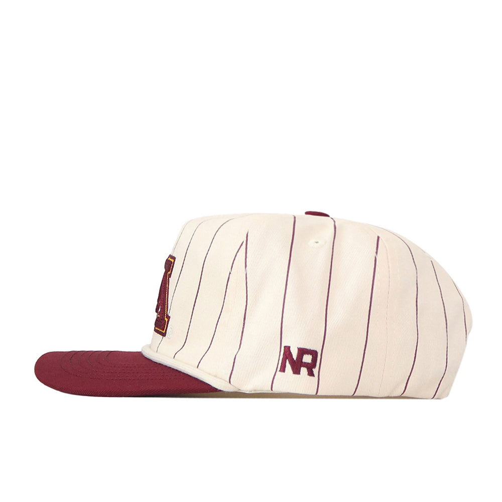 The Minnesota Gopher Pinstripe Hat by No Rivals features a cream-colored snapback design with thin maroon pinstripes, a maroon brim, a bold embroidered “A” logo on the front, and “NR” stitched on the side—making it the perfect finishing touch for your gameday fit.