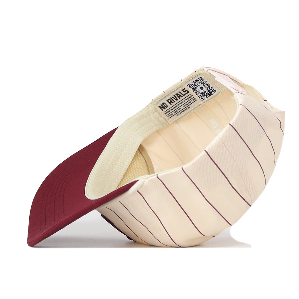 The Minnesota Gopher Pinstripe Hat by No Rivals features beige and maroon pinstripes in a classic snapback style, shown from underneath to highlight the interior label, maroon visor, and detailed embroidered logo—an ideal finishing touch for your gameday look.