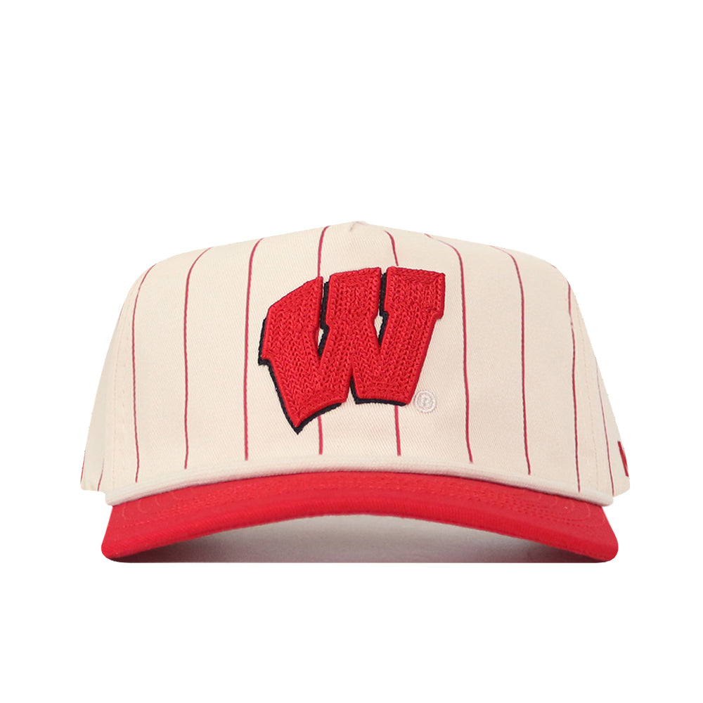 The Wisconsin Pinstripe Hat by No Rivals features thin red vertical stripes on a white background, a bold red brim, and a prominent red “W” outlined in black embroidered on the front. With its classic snap back closure and standout logo, this hat is perfect for completing your gameday look.