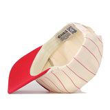 The No Rivals Wisconsin Pinstripe Hat is shown upside down, displaying its cream-colored interior with red pinstripes, a bold red brim, and a visible inside tag featuring text and a QR code—making it the perfect snapback to finish your gameday look.