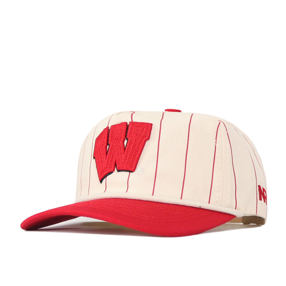 Introducing the Wisconsin Pinstripe Hat by No Rivals: This cream-colored baseball cap features bold red pinstripes, a prominent red “W” embroidered on the front, a solid red brim, NE embroidery on the side, and an adjustable snap back closure for the perfect fit.
