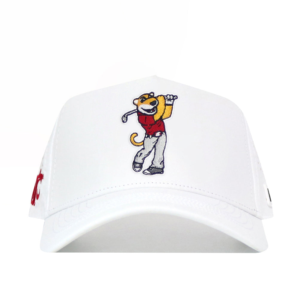 The No Rivals Washington State Golf Hat in white features embroidered graphics of a cartoon lion in a red shirt and gray pants holding a golf club, plus a snapback adjustment for the perfect fit.