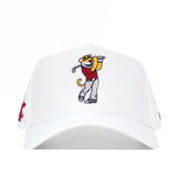 The No Rivals Washington State Golf Hat in white features embroidered graphics of a cartoon lion in a red shirt and gray pants holding a golf club, plus a snapback adjustment for the perfect fit.