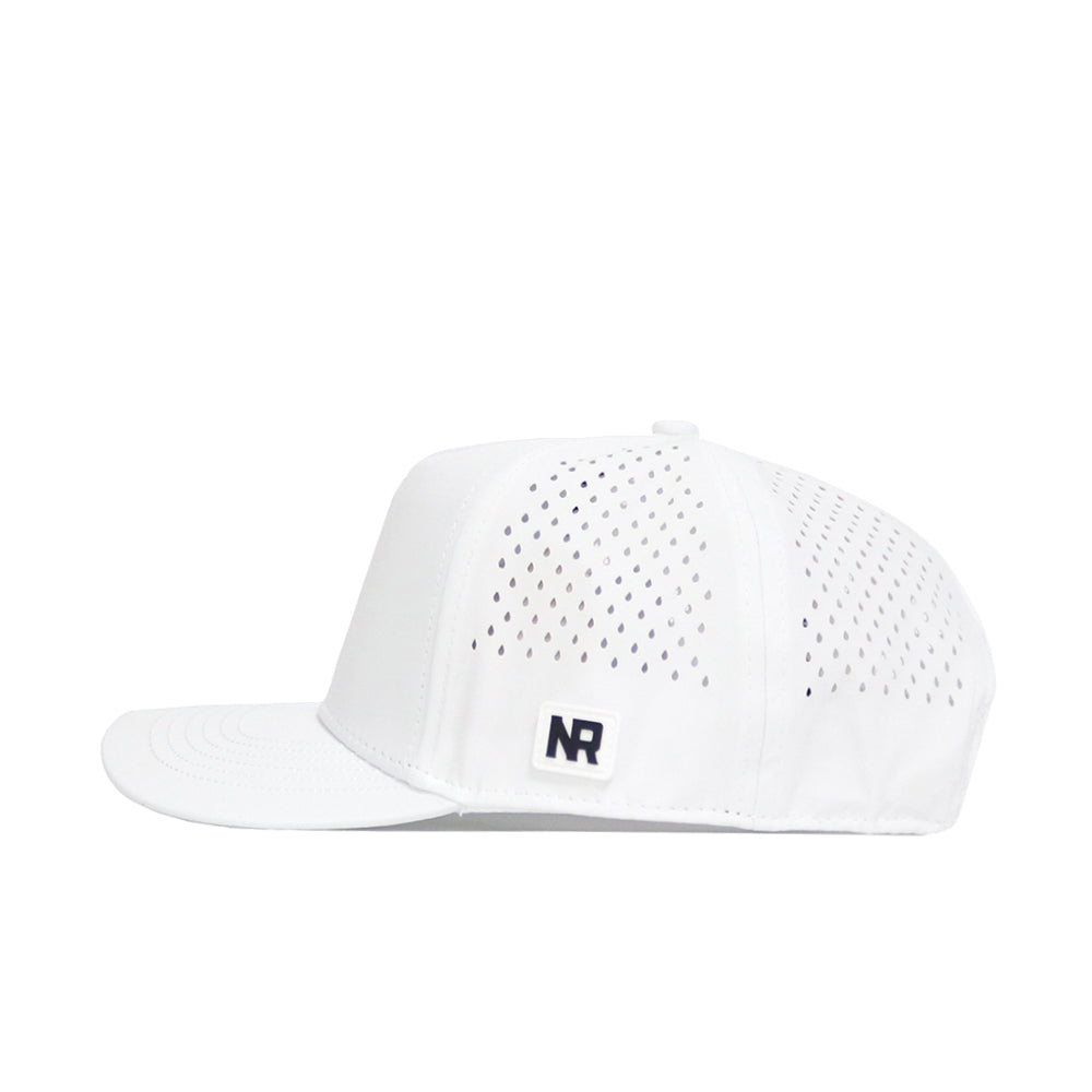 The Washington State Golf Hat - White by No Rivals is a stylish snapback cap with a flat brim, ventilation holes, and a side patch featuring NR—ideal for golf.