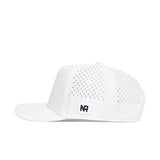 The Washington State Golf Hat - White by No Rivals is a stylish snapback cap with a flat brim, ventilation holes, and a side patch featuring NR—ideal for golf.