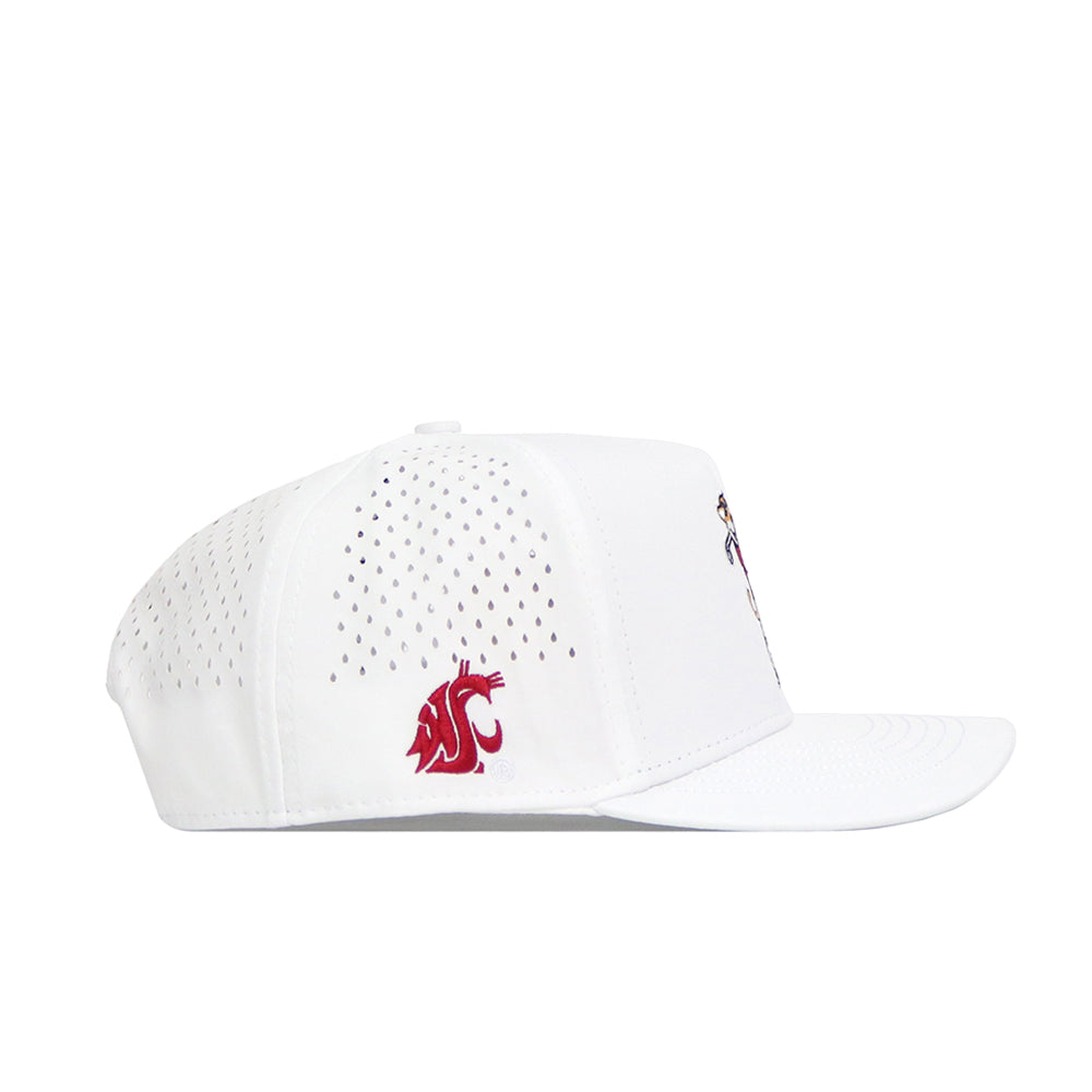The No Rivals Washington State Golf Hat - White features side ventilation, a red cougar logo, embroidered graphics, flat brim, structured shape, and an adjustable snap back for a custom fit.