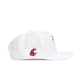 The No Rivals Washington State Golf Hat - White features side ventilation, a red cougar logo, embroidered graphics, flat brim, structured shape, and an adjustable snap back for a custom fit.