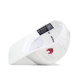 The Washington State Golf Hat - White by No Rivals is flipped upside down, revealing ventilation holes, a snapback closure, a red embroidered side logo, and a black inner label reading NO RIVALS with a QR code inside the brim.