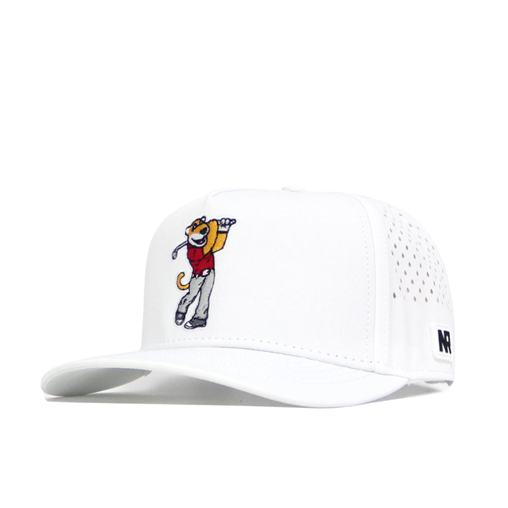 The No Rivals Washington State Golf Hat - White is a snapback featuring a cartoon tiger in a red shirt swinging a golf club, side ventilation holes, and an NR logo on the brim.