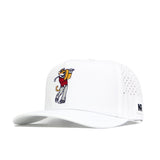 The No Rivals Washington State Golf Hat - White is a snapback featuring a cartoon tiger in a red shirt swinging a golf club, side ventilation holes, and an NR logo on the brim.