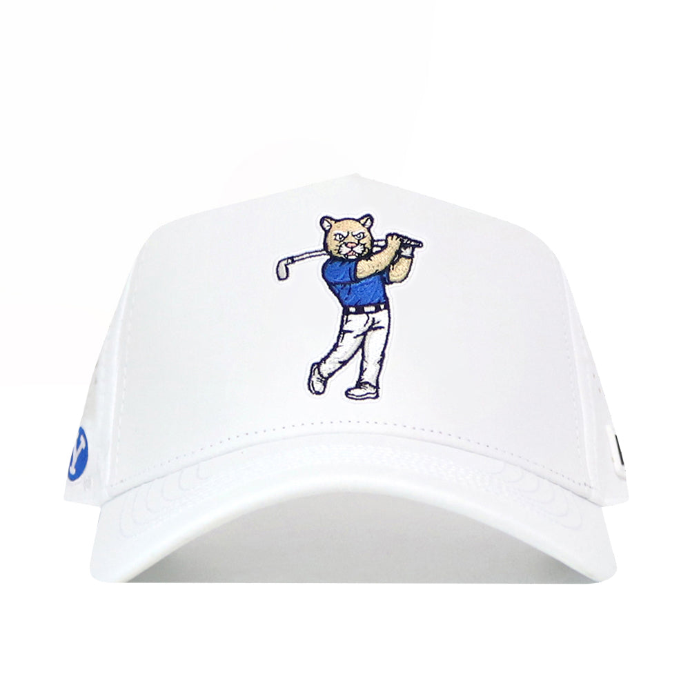 The BYU Golf Hat - White by No Rivals is a structured snapback in white, made of high-quality polyester cotton, featuring an embroidered blue cartoon cat swinging a golf club.