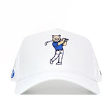 The BYU Golf Hat - White by No Rivals is a structured snapback in white, made of high-quality polyester cotton, featuring an embroidered blue cartoon cat swinging a golf club.