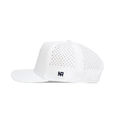The BYU Golf Hat - White by No Rivals is a high-quality snapback with polyester-cotton blend, perforated side panels for breathability, a structured fit, and a small rectangular NR patch on the side.