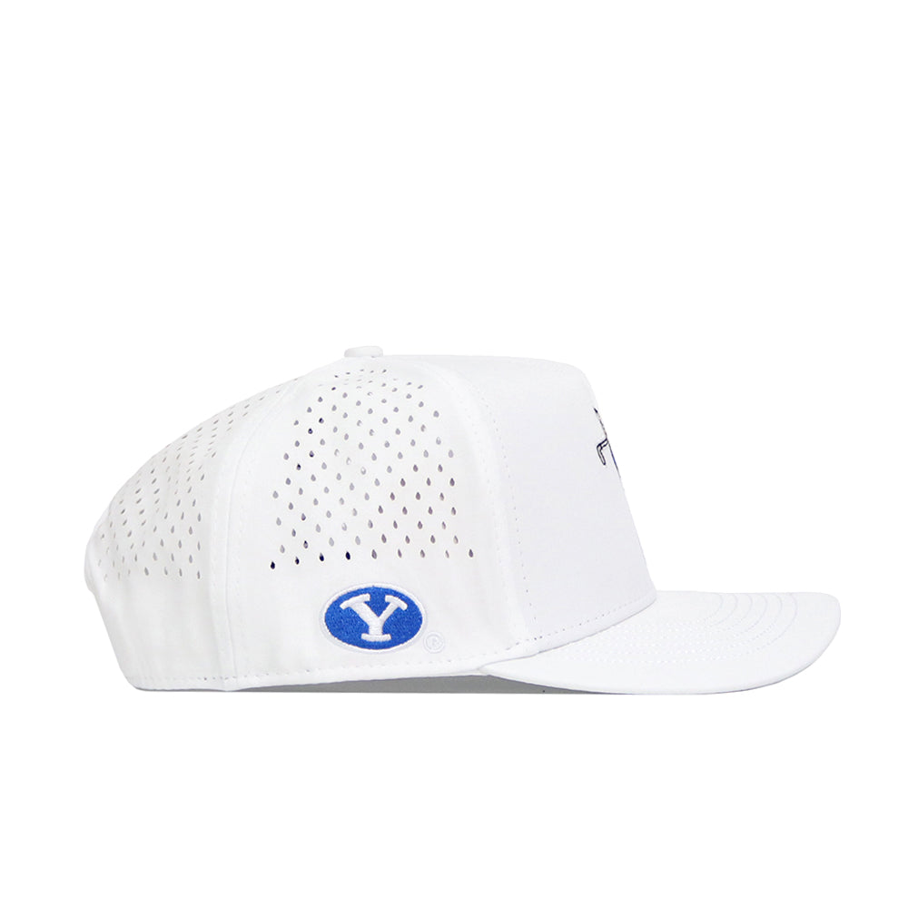 The No Rivals BYU Golf Hat in white features side perforated vents, a blue circular Y logo patch with a white outline, and a structured snapback fit. Made from high-quality polyester cotton with a crisp white brim and crown.