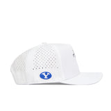 The No Rivals BYU Golf Hat in white features side perforated vents, a blue circular Y logo patch with a white outline, and a structured snapback fit. Made from high-quality polyester cotton with a crisp white brim and crown.