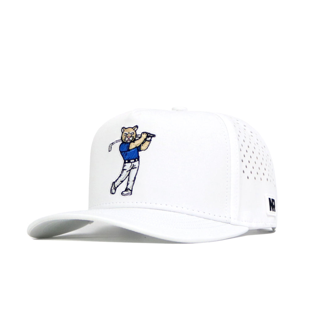 The BYU Golf Hat - White by No Rivals features an embroidered cartoon bear in a blue shirt swinging a golf club, small ventilation holes, a black R logo near the brim, and is made from high quality polyester cotton.