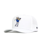 The BYU Golf Hat - White by No Rivals features an embroidered cartoon bear in a blue shirt swinging a golf club, small ventilation holes, a black R logo near the brim, and is made from high quality polyester cotton.