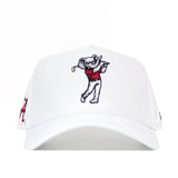 The No Rivals Alabama Golf Hat in white features embroidered graphics of a cartoon elephant swinging a golf club in a red shirt and white pants, a red A logo on the side, and an adjustable snapback for the perfect fit.